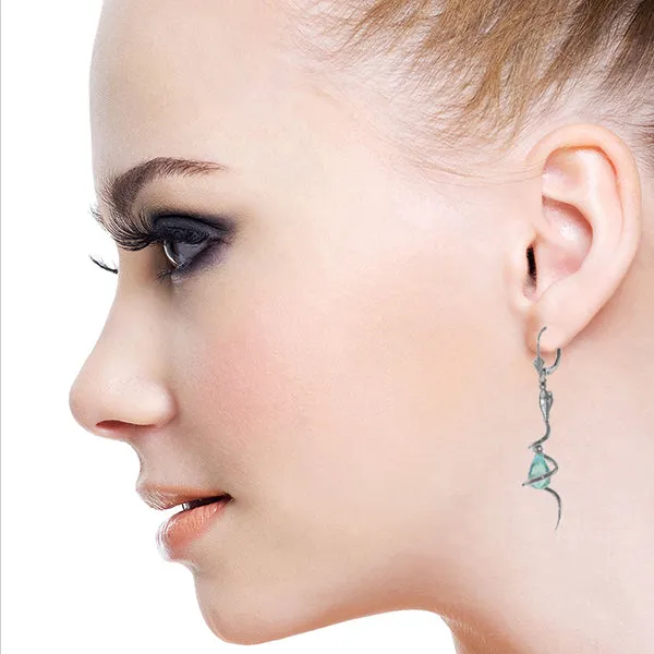 14K Solid White Gold Snake Earrings w/ Dangling Briolette Blue Topaz & Diamonds