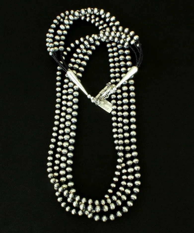 4-Strand Oxidized Sterling Silver Bead Necklace with Sterling Silver Cones and Toggle Clasp