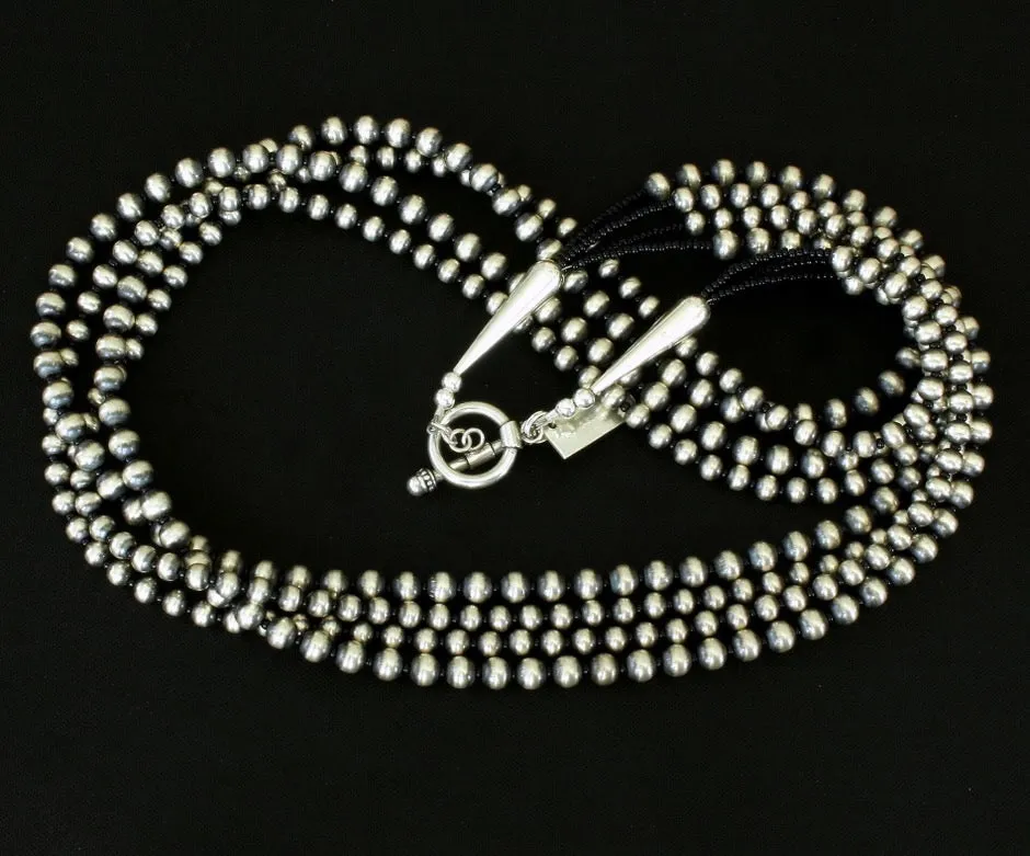 4-Strand Oxidized Sterling Silver Bead Necklace with Sterling Silver Cones and Toggle Clasp