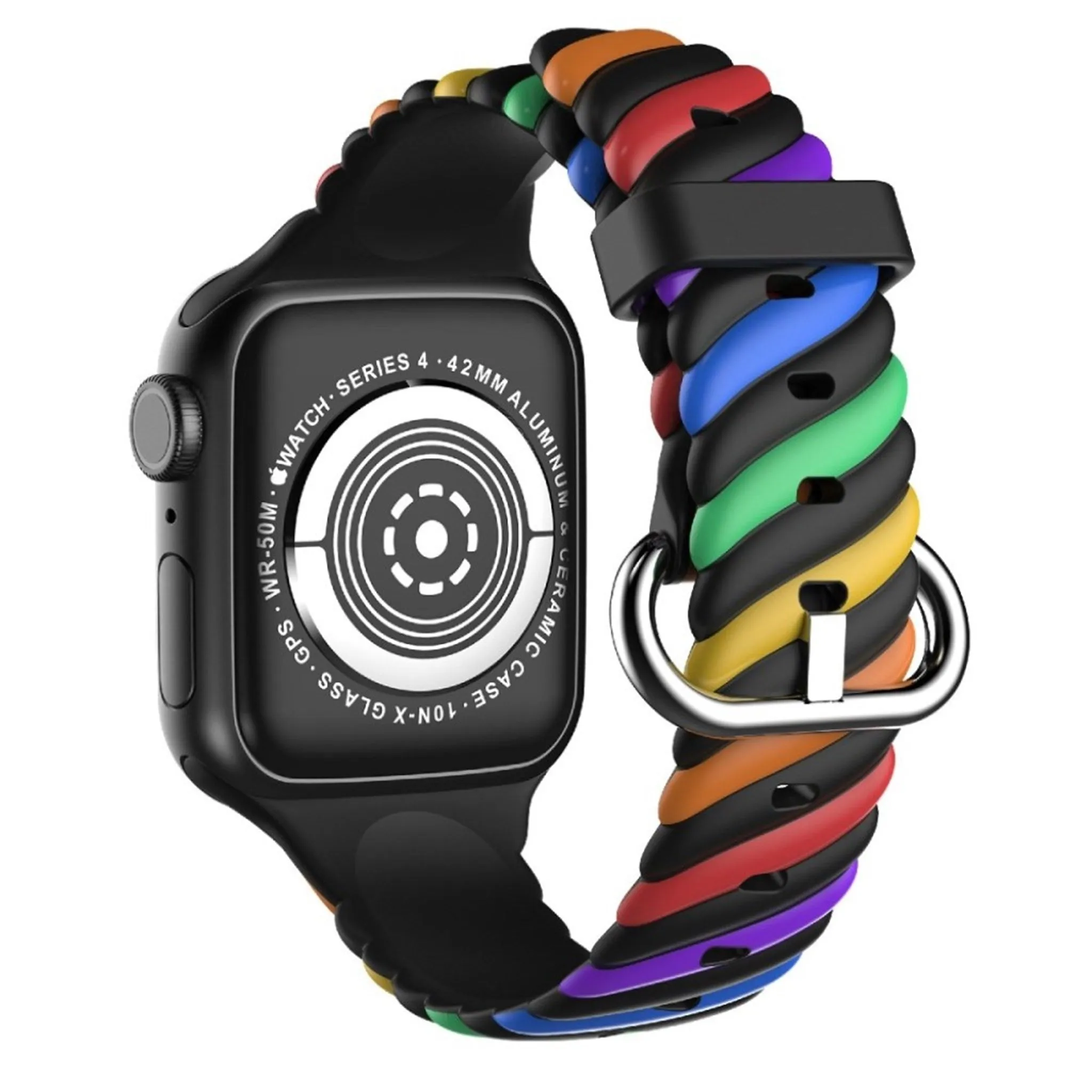 Apple Watch 44mm unique color twist silicone watch strap - Rainbow / Black