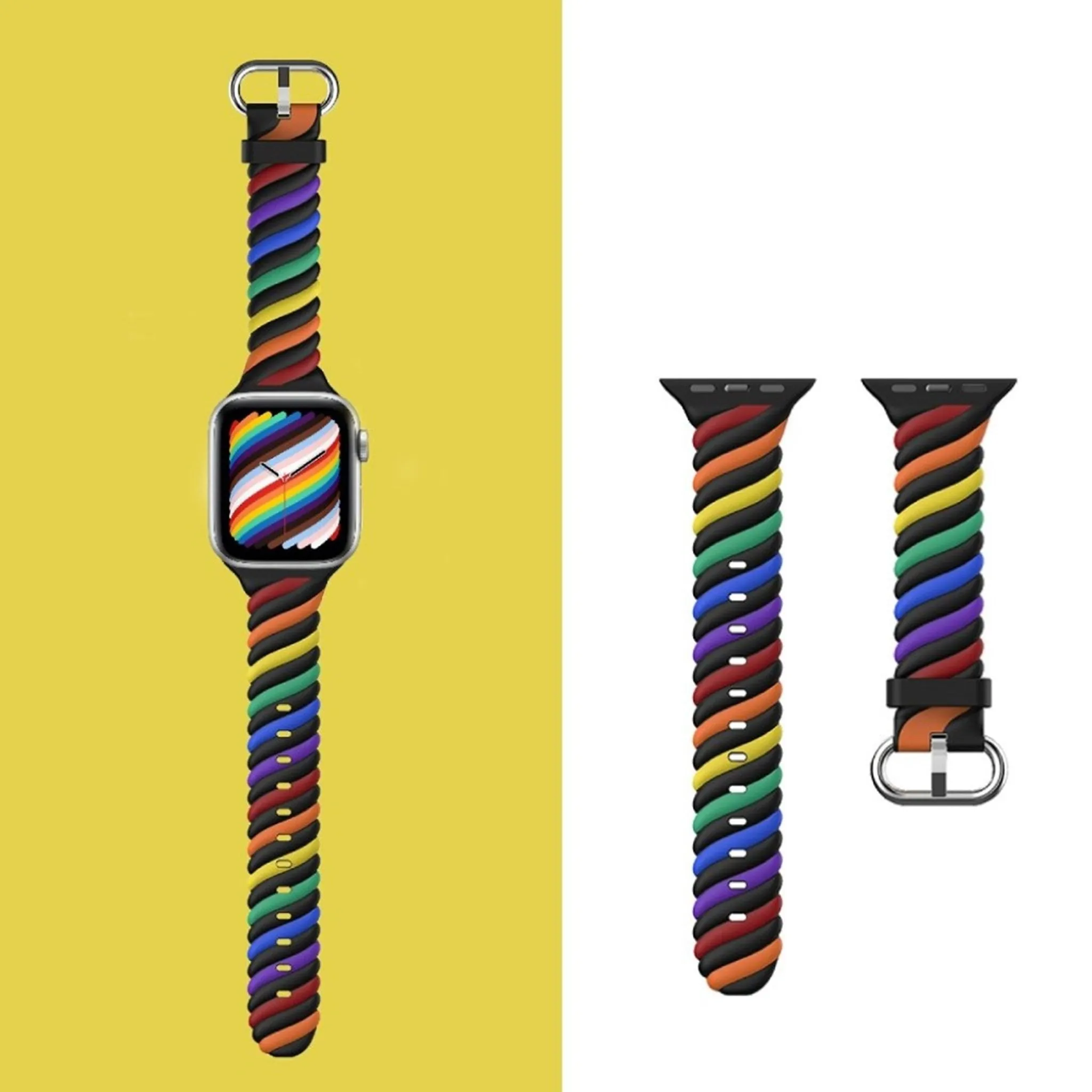 Apple Watch 44mm unique color twist silicone watch strap - Rainbow / Black