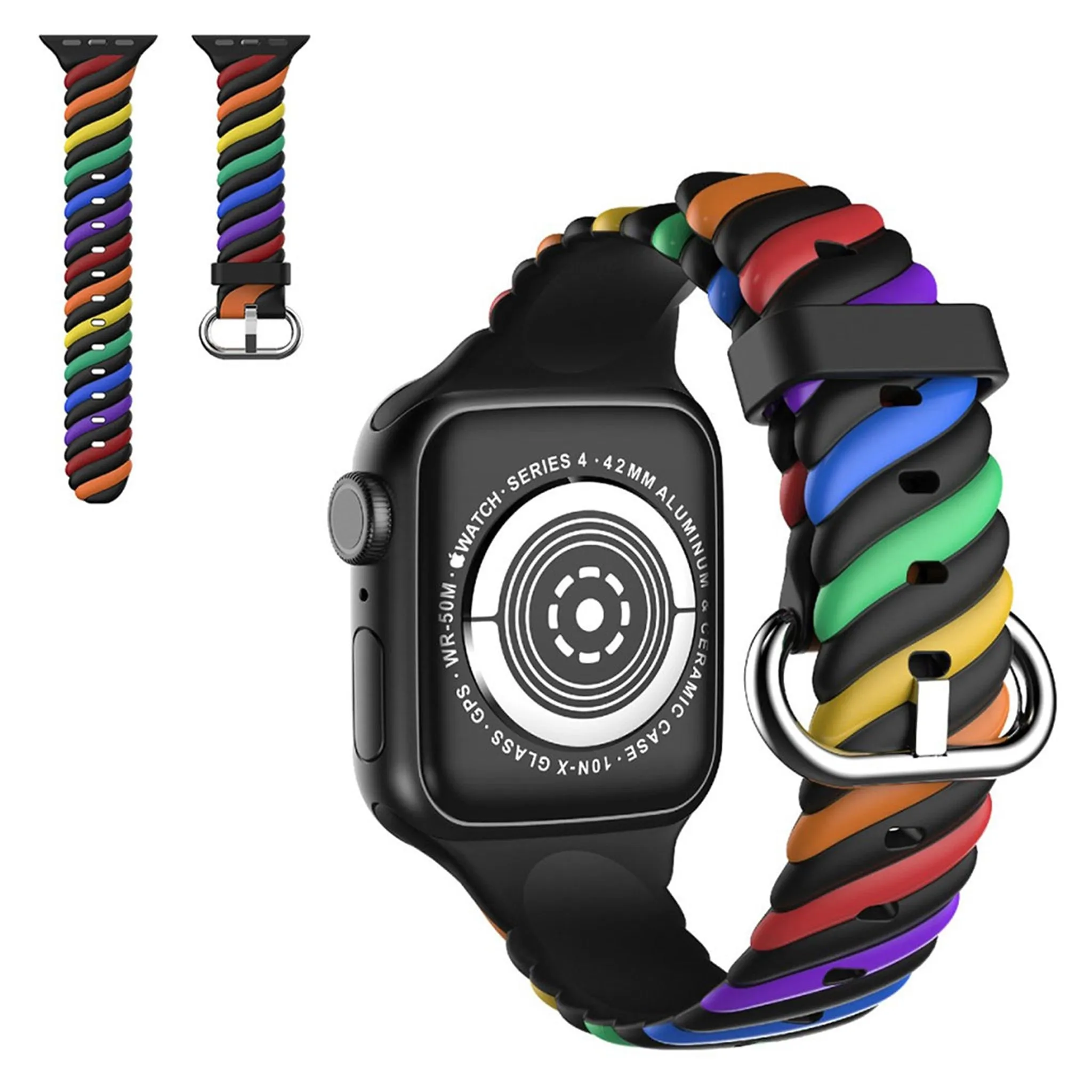 Apple Watch 44mm unique color twist silicone watch strap - Rainbow / Black