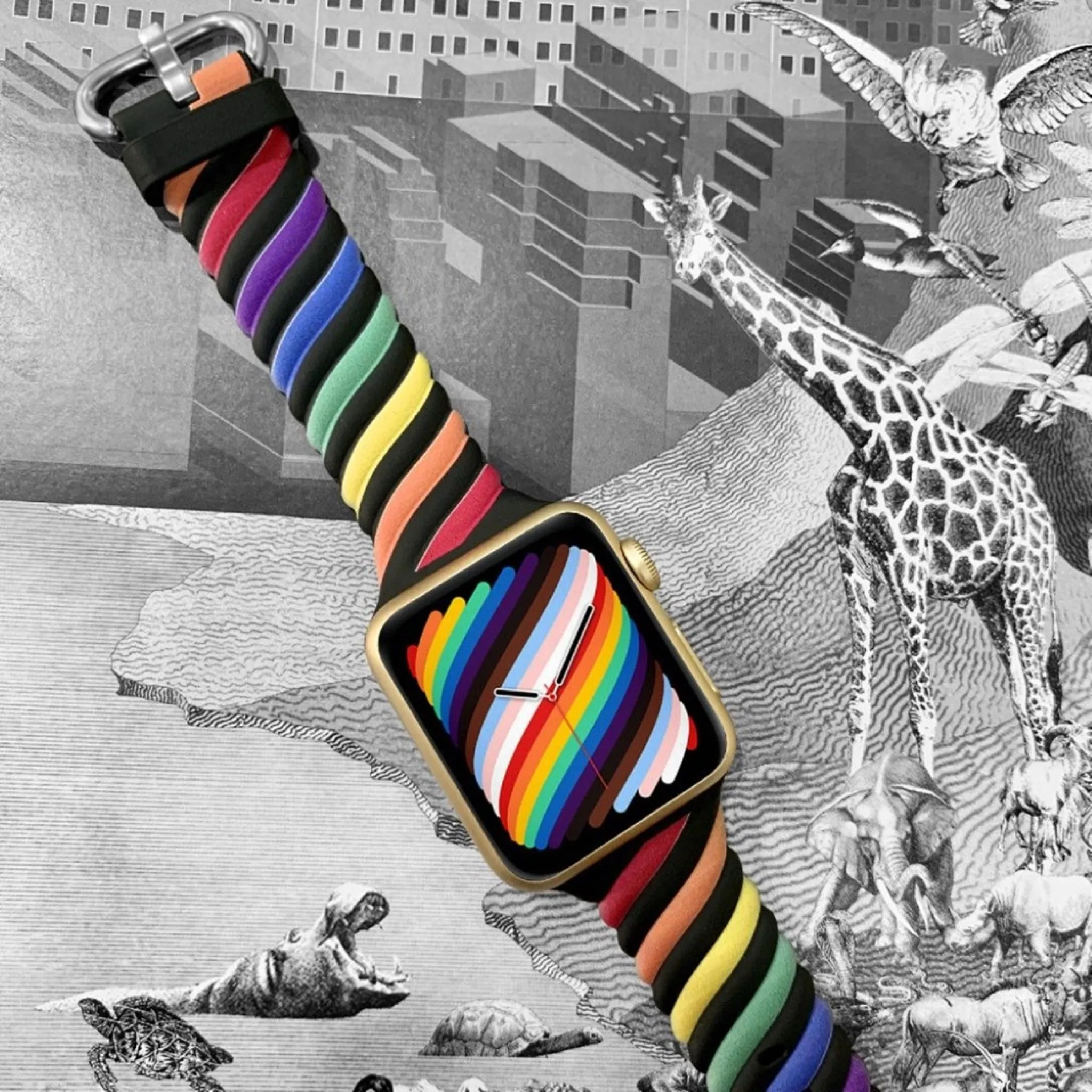 Apple Watch 44mm unique color twist silicone watch strap - Rainbow / Black