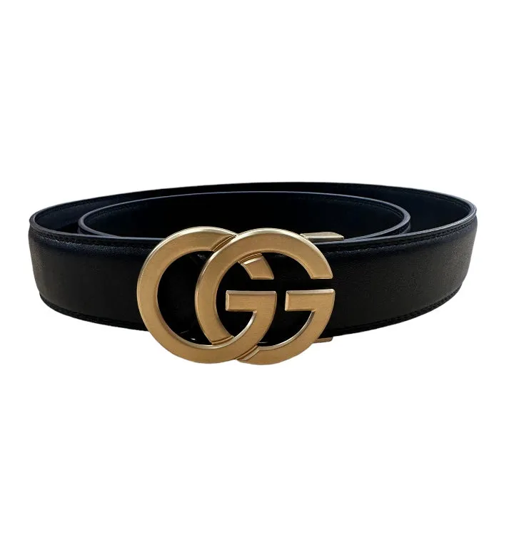Men's Black Genuine Leather Belt Luxury Style Gold Buckle