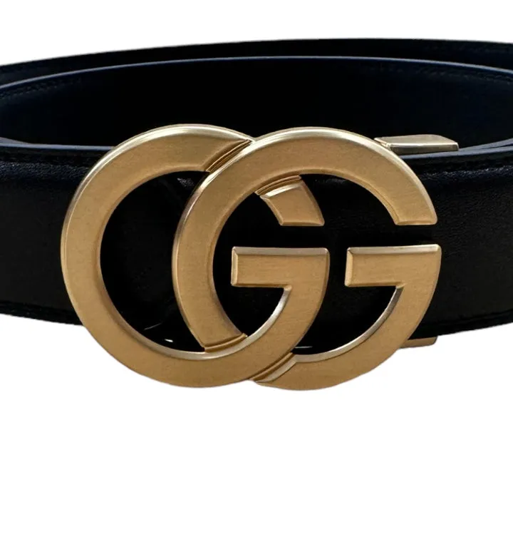 Men's Black Genuine Leather Belt Luxury Style Gold Buckle