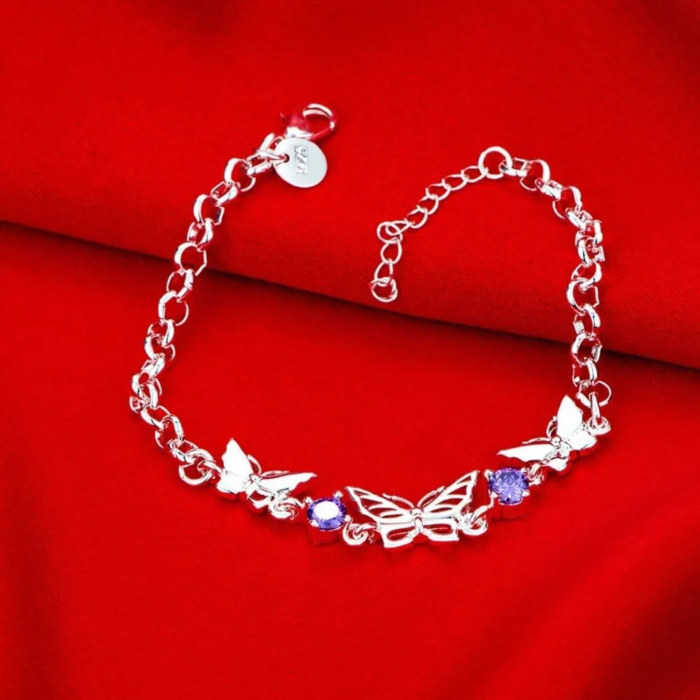 Purple CZ Butterfly Bracelets in Sterling Silver