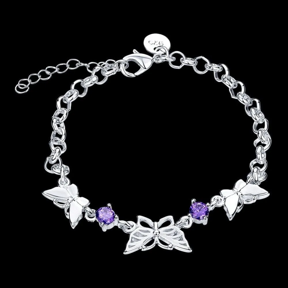 Purple CZ Butterfly Bracelets in Sterling Silver